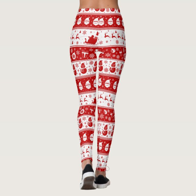 White & Red Santa Ansikte och Snögubbe Mönster Ful Leggings (Baksida)