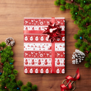 White & Red Santa Ansikte och Snögubbe Mönster Presentpapper