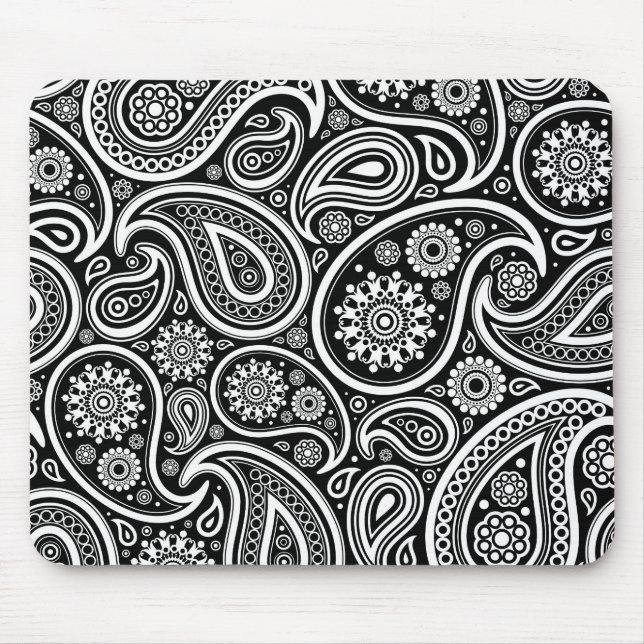 White Retro Paisley Mönster Design på svart Musmatta (Framsidan)
