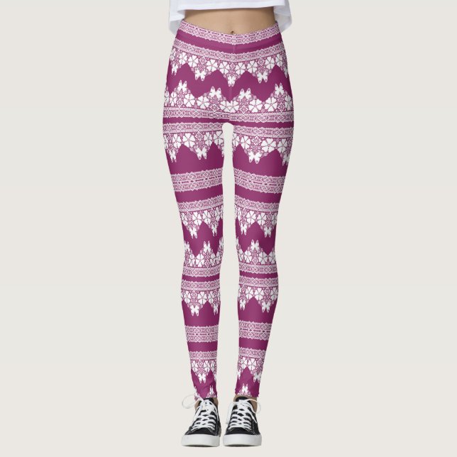 White Retro Snöre butterflies Burgundy Leggings (Framsida)