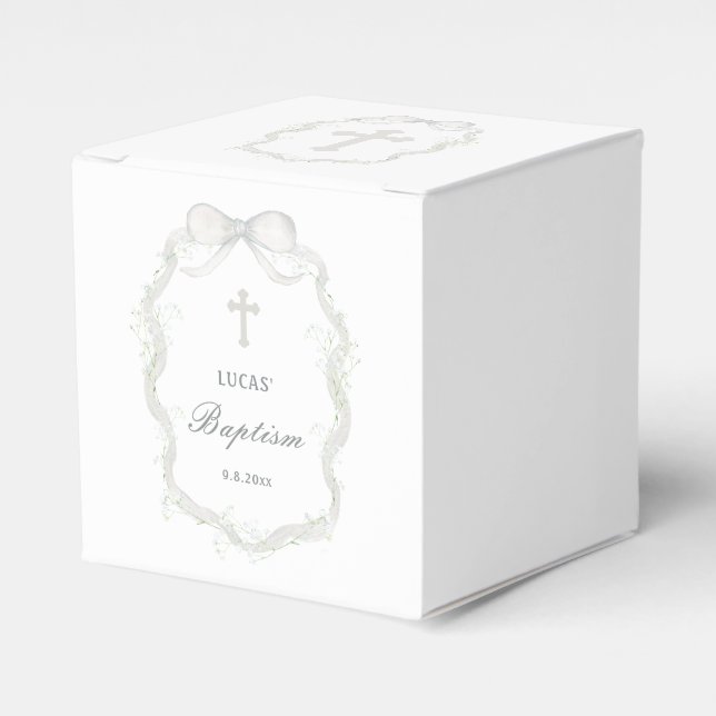 White Ribbon Baby's Breath Baptism Cube Presentaskar (Framsidan Sidan)