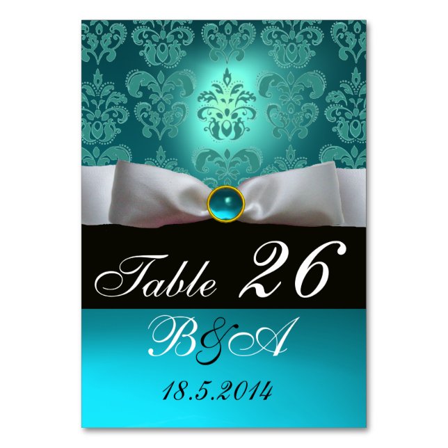 WHITE RIBBON BLUE TURQUASE BLACK DAMASK MONOGRAM BORDSNUMMER (Framsidan)