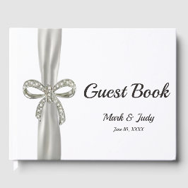 White Ribbon Diamond Bow Bröllop Guestbook Gästböcker