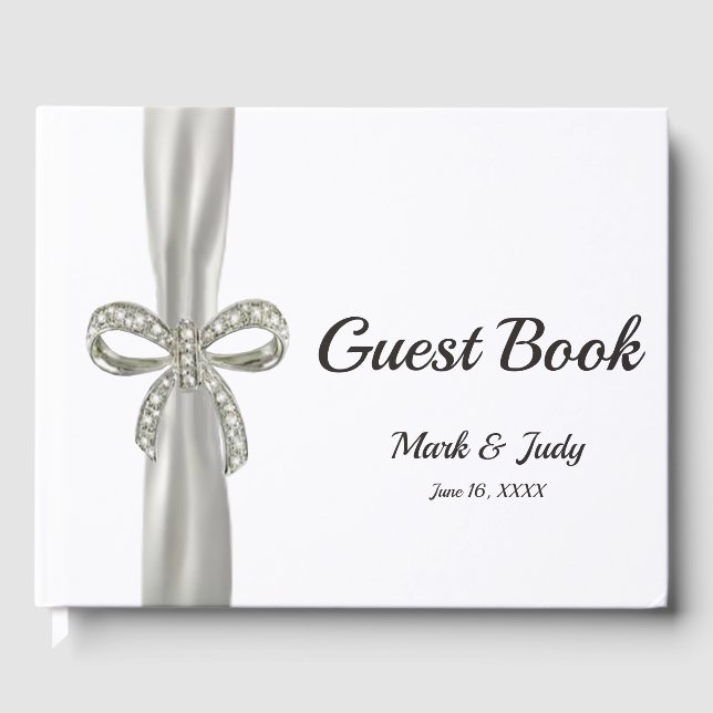 White Ribbon Diamond Bow Bröllop Guestbook Gästböcker (Framsida)