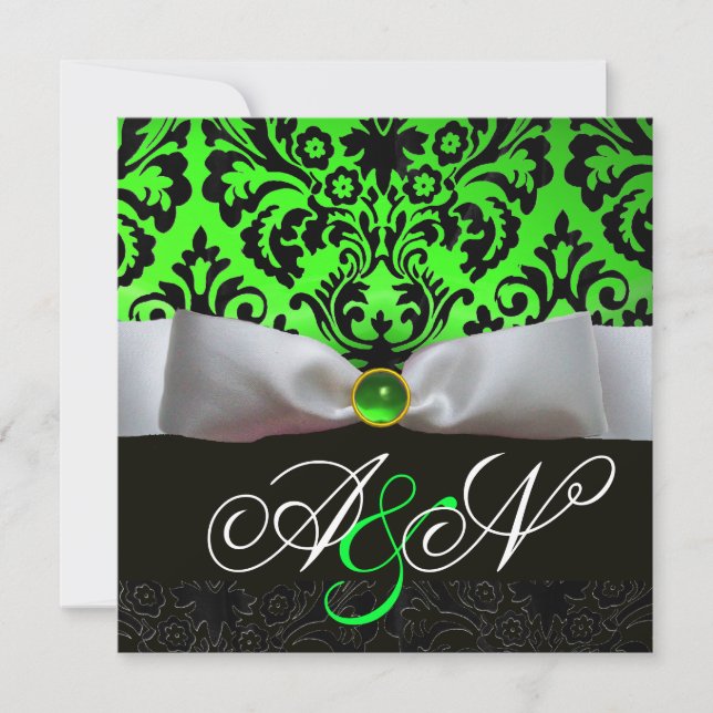 WHITE RIBBON EMERALD GRÖNT BLACK DAMASK MONOGRAM INBJUDNINGAR (Framsida)