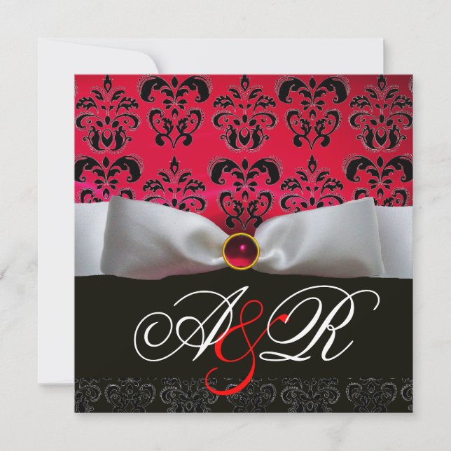 WHITE RIBBON RED BURGUNDY BLACK DAMASK MONOGRAM INBJUDNINGAR (Framsida)