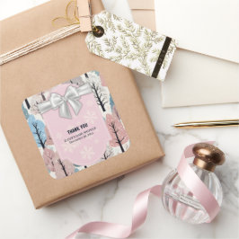 White Ribbon Winter Forest Snöflingor Baby Shower Fyrkantigt Klistermärke