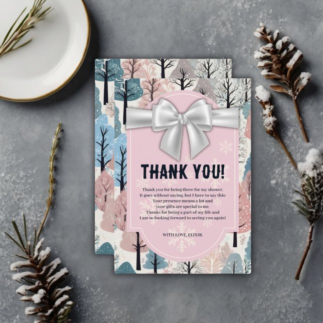 White Ribbon Winter Forest Snöflingor Baby Shower Tack Kort (Skapare uppladdad)