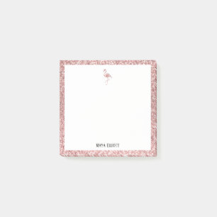 White + Ro Guld Glitter Flamingo & Gräns, Namn Post-it Block