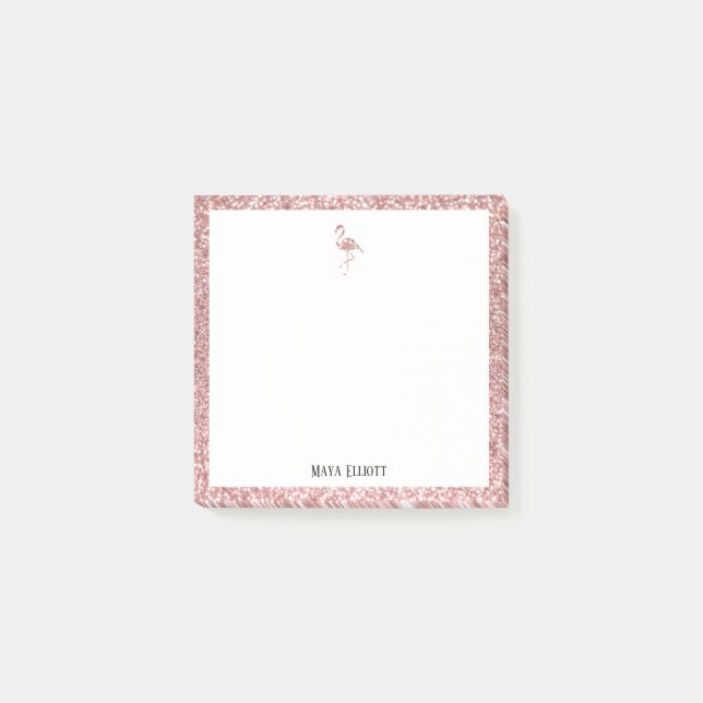 White + Ro Guld Glitter Flamingo & Gräns, Namn Post-it Block (Framsida)