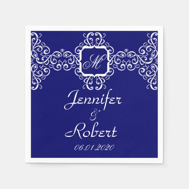 White Romantik Monogram Bröllop Pappersservett (Framsidan)