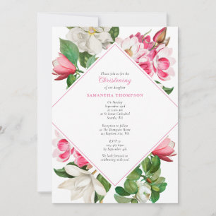 White Rosa Magnolia Flowers Baptism Christening Inbjudningar