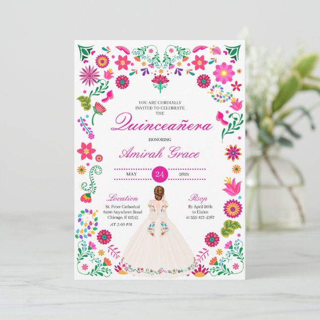 White Rosa Otomi Embroidery Quinceañera-inbjudan Inbjudningar (Stående Fram)