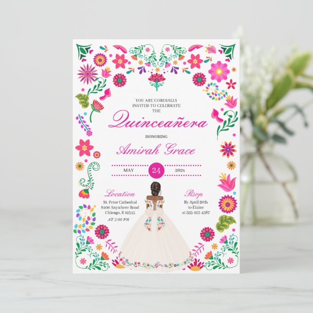 White Rosa Otomi Embroidery Quinceañera-inbjudan Inbjudningar (Stående Fram)