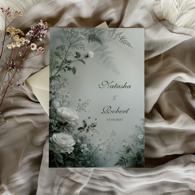 White Rose and Dusty Gray Fern Winter Wedding Inbjudningar (Skapare uppladdad)