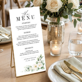 White Rose and Greenery Wedding Menu Card Meny