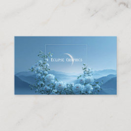 White Rose and Misty Blue Mountain Crescent Moon Visitkort