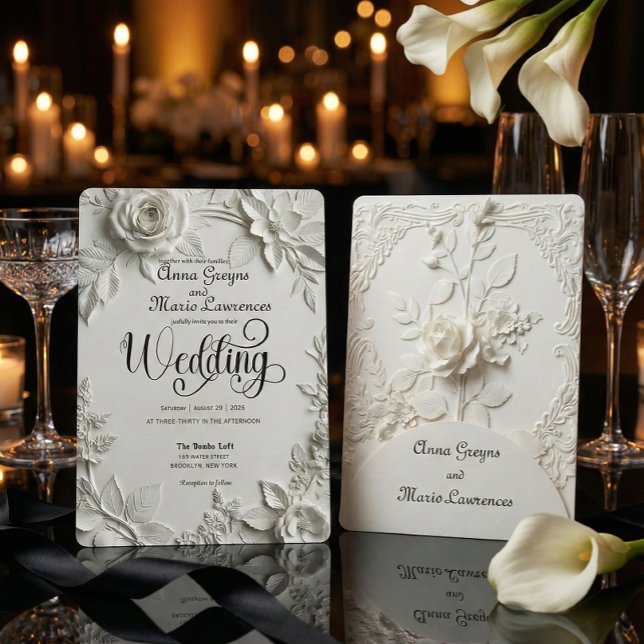 White Rose Bas Relief Faux Embossed Wedding  Inbjudningar (Skapare uppladdad)