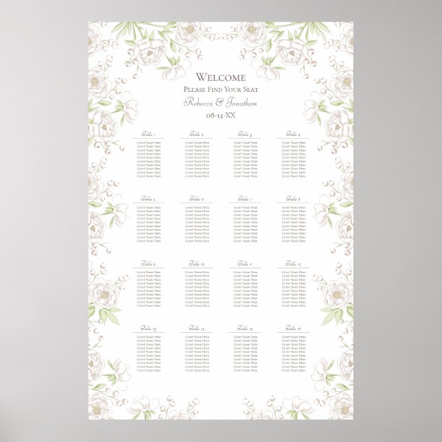 White Rose Classic Bröllopsplatskarta Poster (Framsidan)
