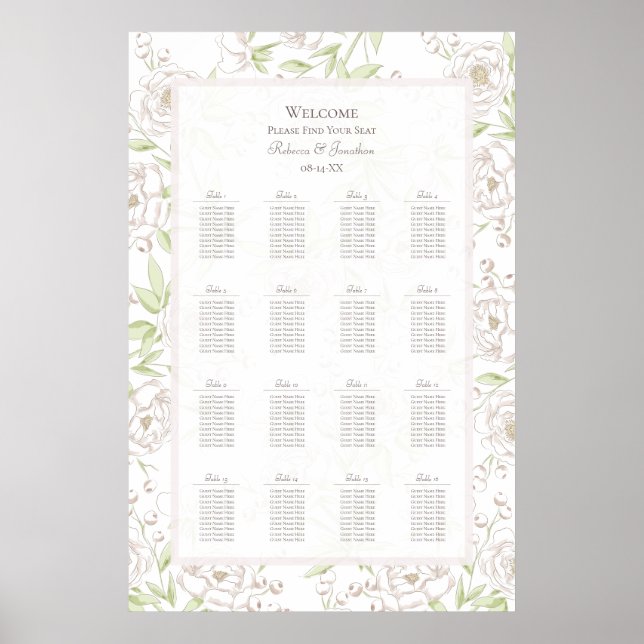 White Rose Classic Bröllopsplatskarta Poster (Framsidan)