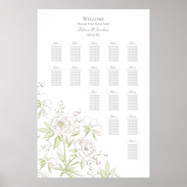 White Rose Classic Bröllopsplatskarta Poster (Framsidan)