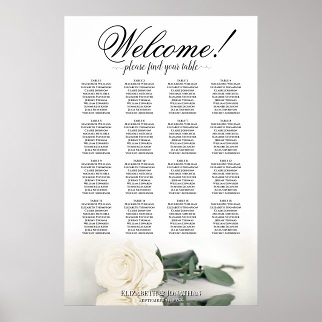 White Rose Elegant 16 Bord Bryllop Placeringsplan Poster (Framsidan)