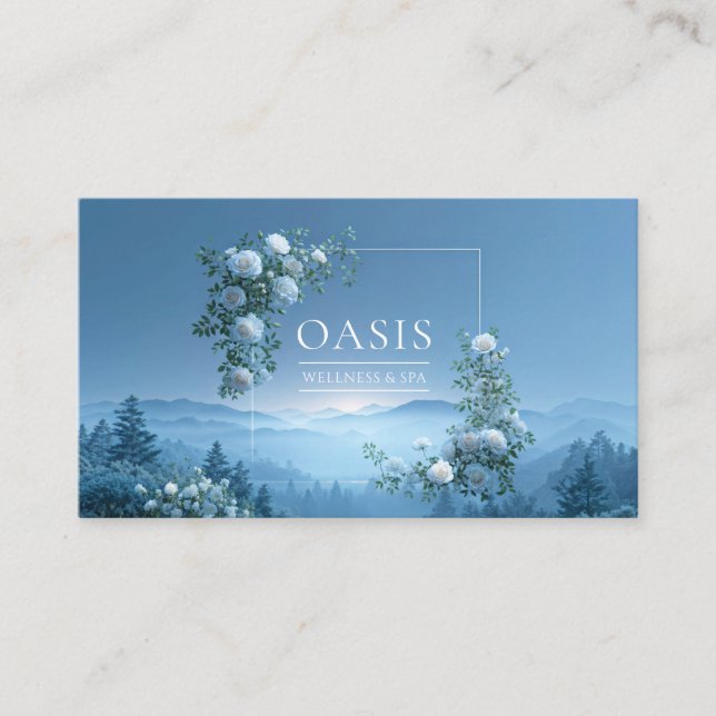 White Rose Floral and Misty Blue Mountain Valley Visitkort (Framsida)