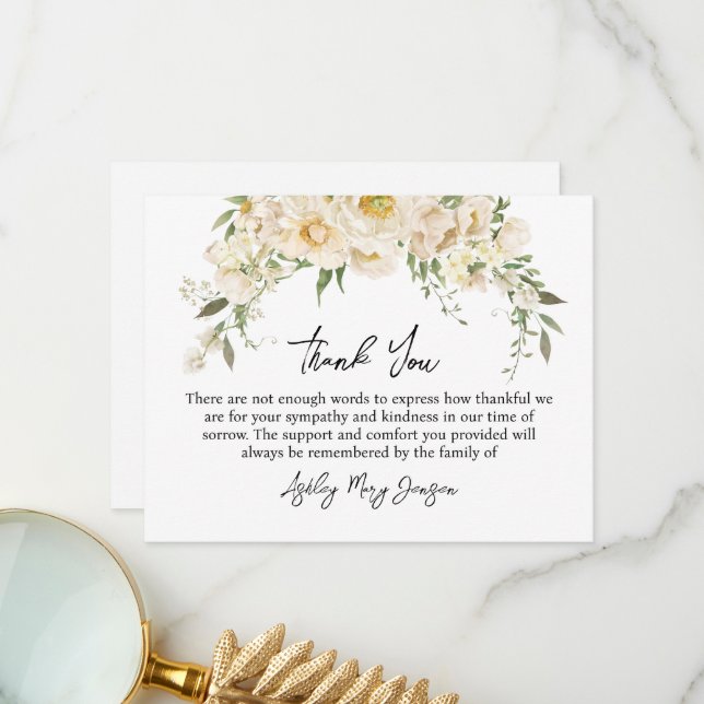 White Rose Funeral Thank You Note Card Bereavement Tack Kort (Fram/Back In Situ)