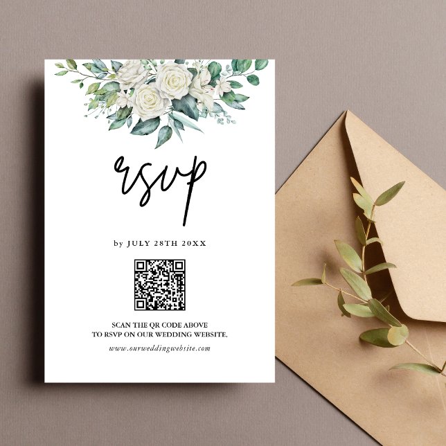 White Rose Greenery Floral QR-kod Bröllop OSA Kort (White rose greenery QR RSVP card makes responses easy while adding elegant convenience.)