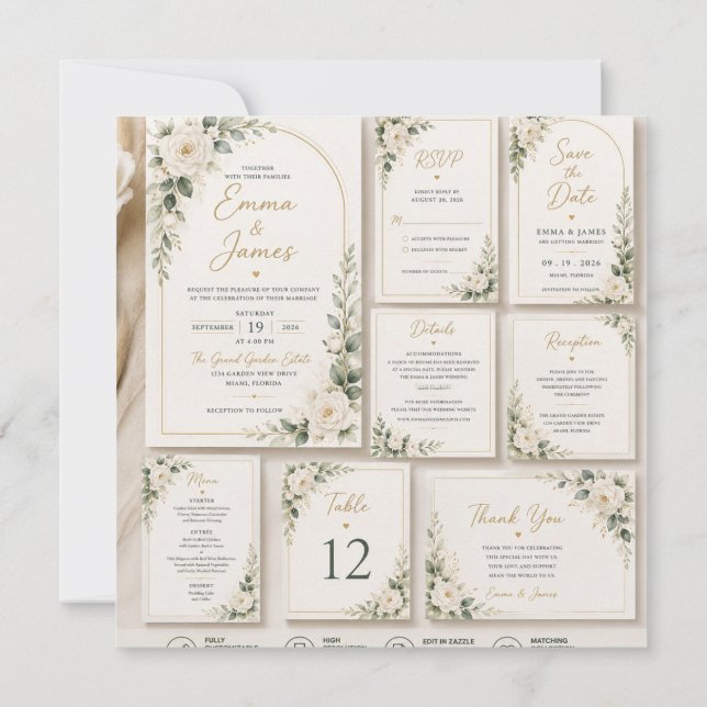   White Rose Sage Green Wedding Invitation Inbjudningar (Baksida)