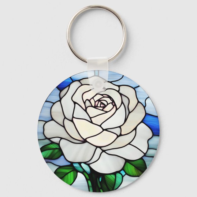 White Rose Stained Glass Nyckelring (Framsida)