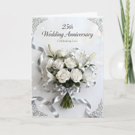 White Roses and Silver Ribbon 25th Anniversary Kort