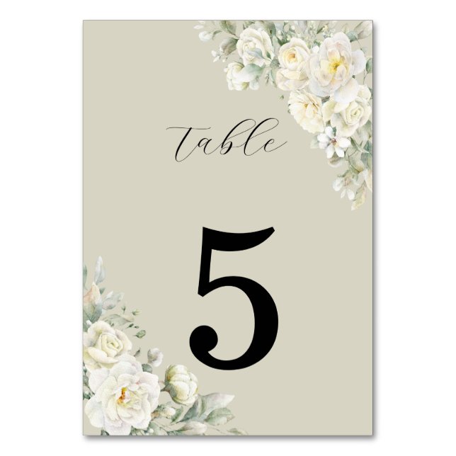 White Roses Beige Table Number Bordsnummer (Framsidan)