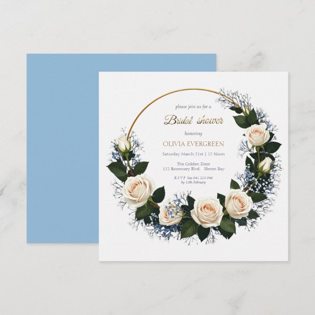 White Roses & Blue Baby’s Breath Bridal Shower Inbjudningar (Fram/baksida)