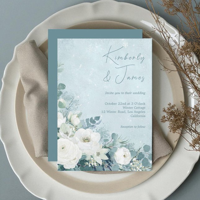 White Roses Hellebores Silver Eucalyptus Wedding Inbjudningar (Skapare uppladdad)