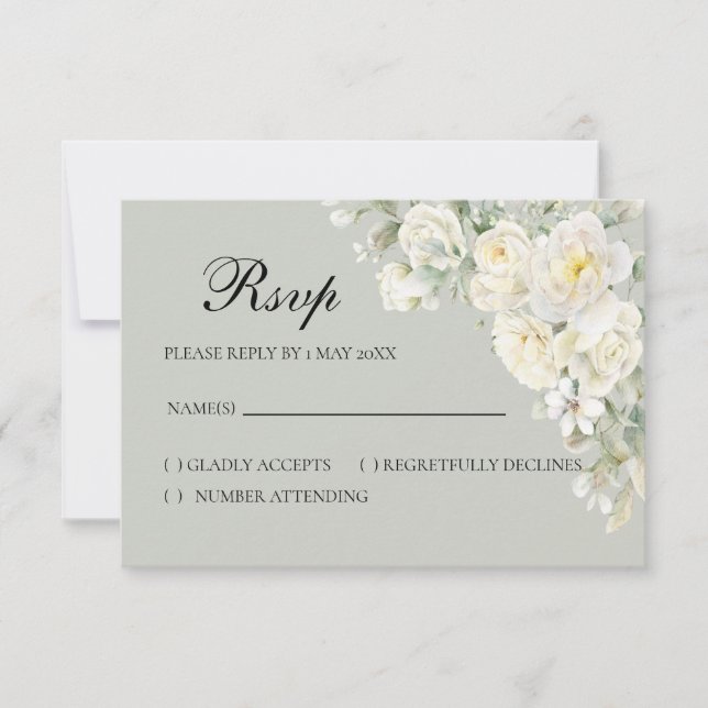 White Roses Light Green RSVP card OSA Kort (Framsida)