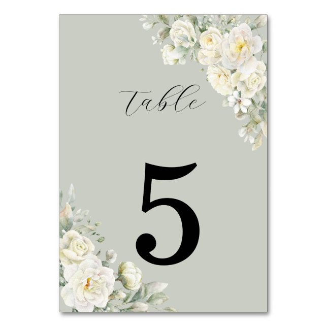 White Roses Light Green Table Number Bordsnummer (Framsidan)