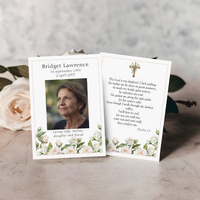 White Roses Memorial Photo Psalm 23 Prayer Card Visitkort (Skapare uppladdad)