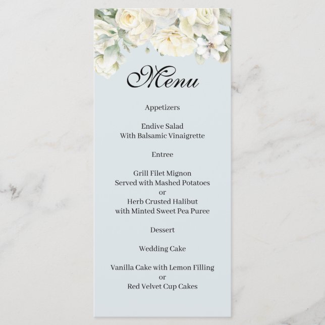 White Roses powder blue menu Meny (Framsida)