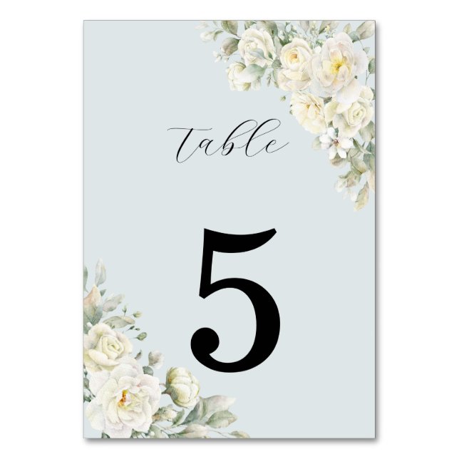 White Roses Powder Blue Table Number Bordsnummer (Framsidan)