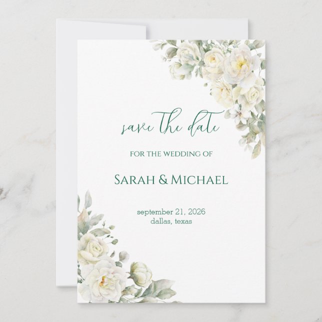 White Roses Save the date Wedding Announcement Spara Datumet (Framsida)