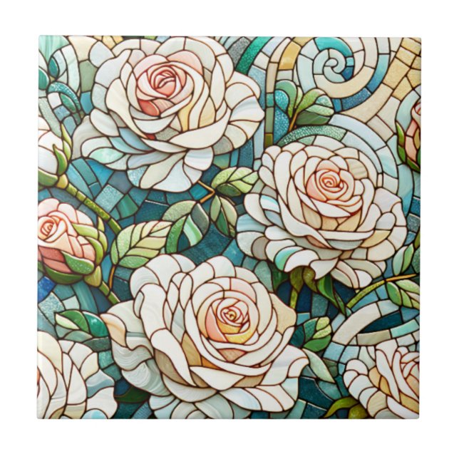 White Roses Stained Glass Mosaic Kakelplatta (Framsidan)
