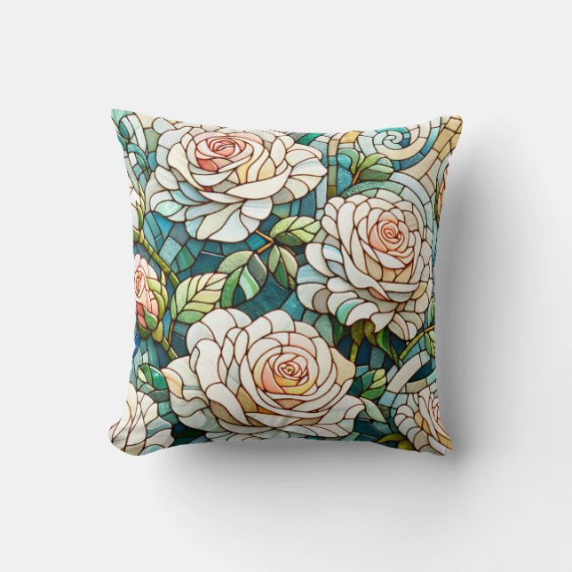 White Roses Stained Glass Mosaic Kudde (Framsida)