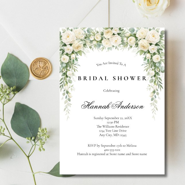 White Roses Watercolor Florals Bridal Shower Inbjudningar (White Watercolor Roses Florals Bridal Shower Invitation. Printed or Digital Download)