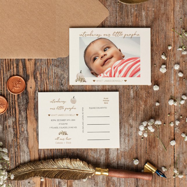 White Rustic Boho Pumpkin Photo Birth Notice Meddelande Vykort (Skapare uppladdad)
