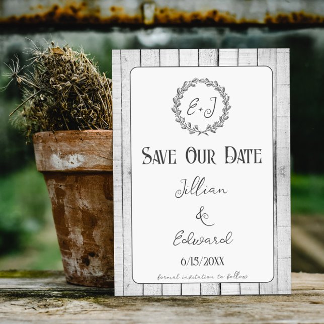 White Rustic Monogram Spara datum meddelande (White Rustic Monogram Save the Date)