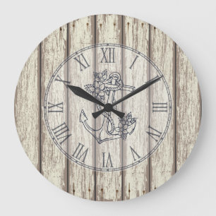 White Rustic Painting Wood Blommigt Nautical Ancho Stor Klocka