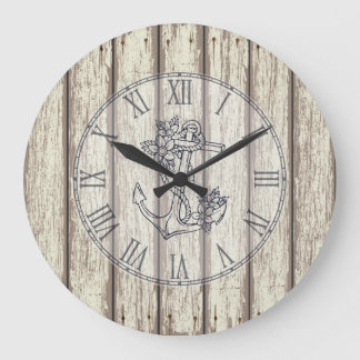 White Rustic Painting Wood Blommigt Nautical Ancho Stor Klocka