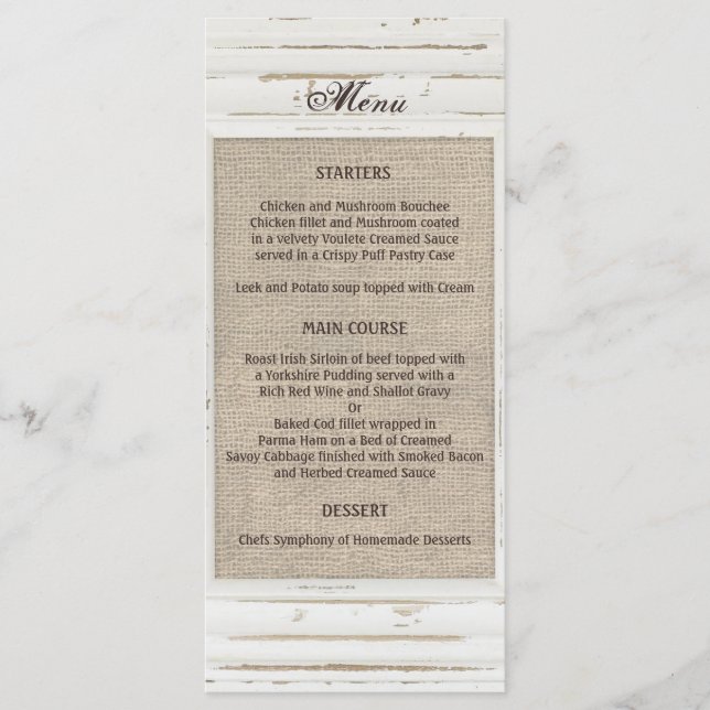 White Rustic Ram Burlap Bröllop Menu Meny (Framsida)