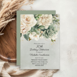 White Sage Grönt Blommigt Guld 30års födelsedag Inbjudningar